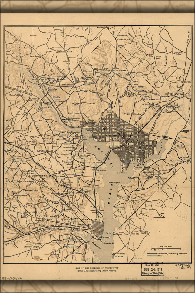 24"x36" Gallery Poster, Map of the defences of Washington d.c. 1865