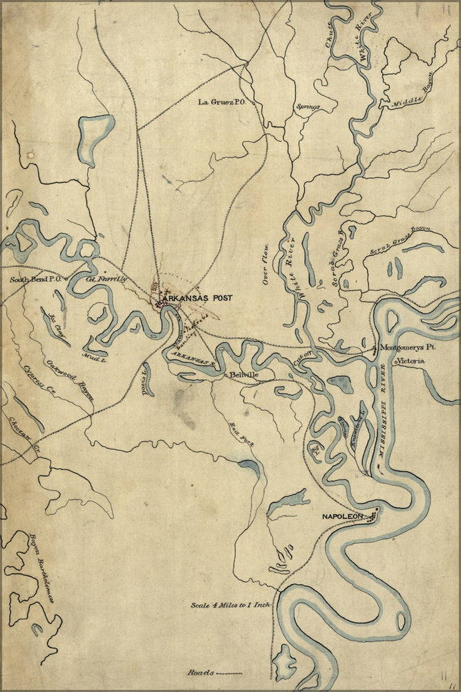 24"x36" Gallery Poster, Map of the environs of Arkansas Post 1863