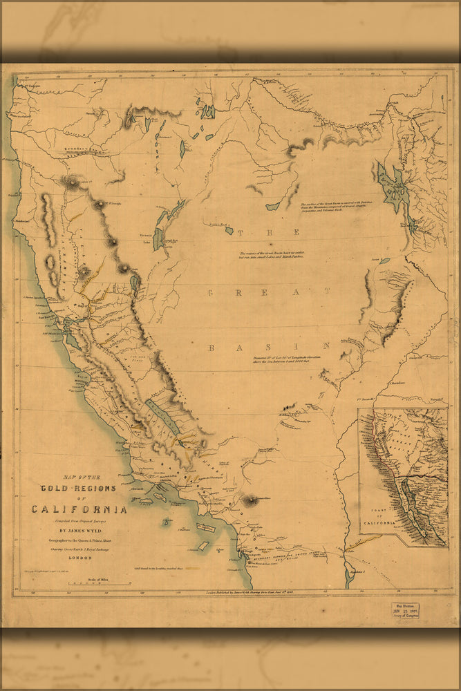 24"x36" Gallery Poster, Map of the gold regions of California 1849