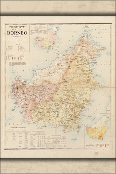 24"x36" Gallery Poster, Map of the island of Borneo in dutch 1914