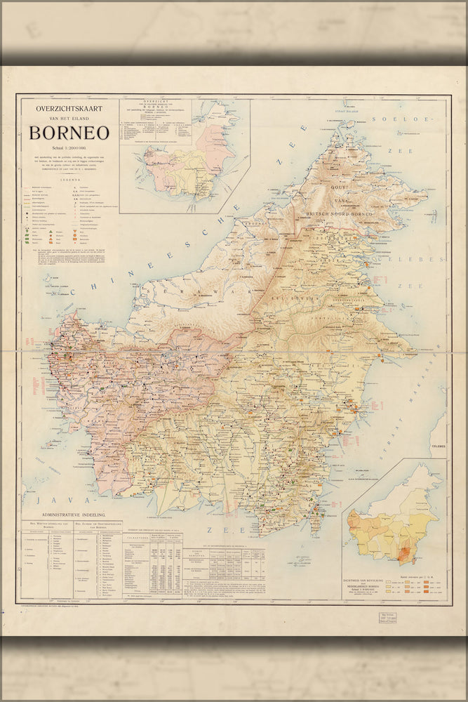 24"x36" Gallery Poster, Map of the island of Borneo in dutch 1914