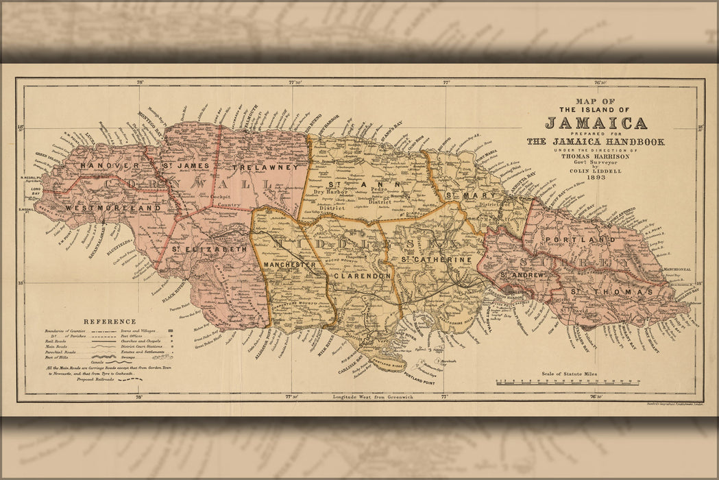 24"x36" Gallery Poster, Map of the island of Jamaica 1893
