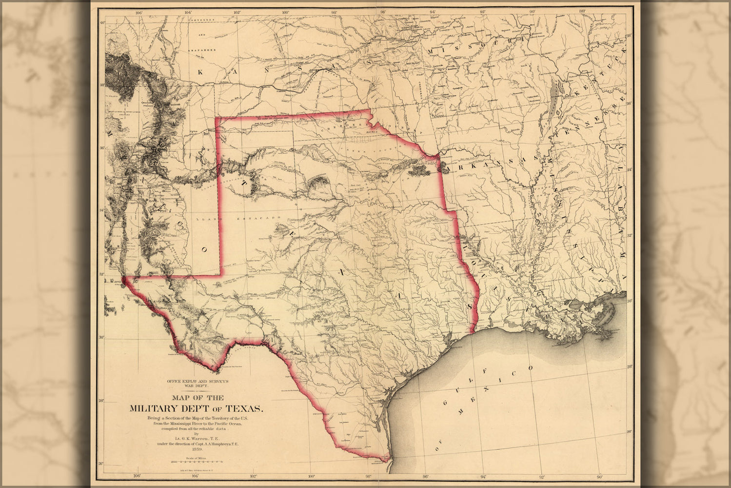 24"x36" Gallery Poster, Map of the military dep't of Texas 1859