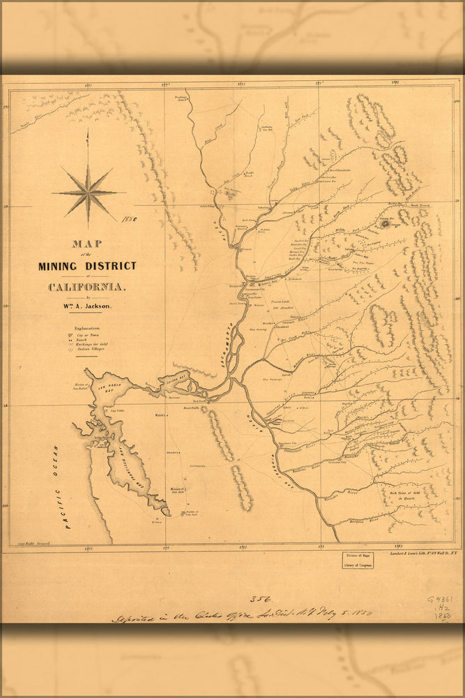 24"x36" Gallery Poster, Map of the mining district of California 1850 p1
