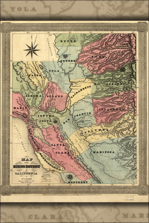 24"x36" Gallery Poster, Map of the mining district of California 1851