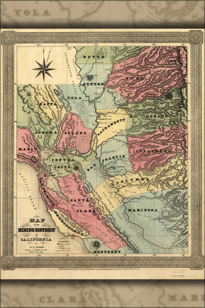 24"x36" Gallery Poster, Map of the mining district of California 1851