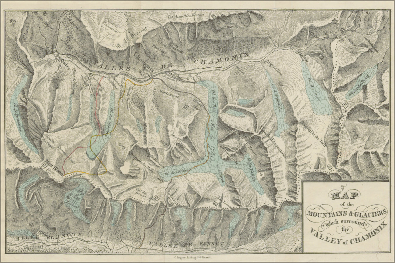 24"x36" Gallery Poster, Map of the mountains and glaciers which surround the valley of Chamonix, 1830