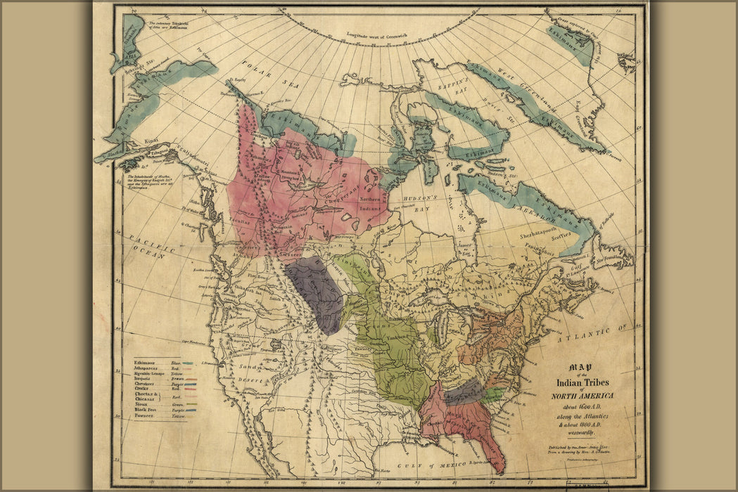 24"x36" Gallery Poster, Map of the native american Indian tribes about 1600 to 1800 AD