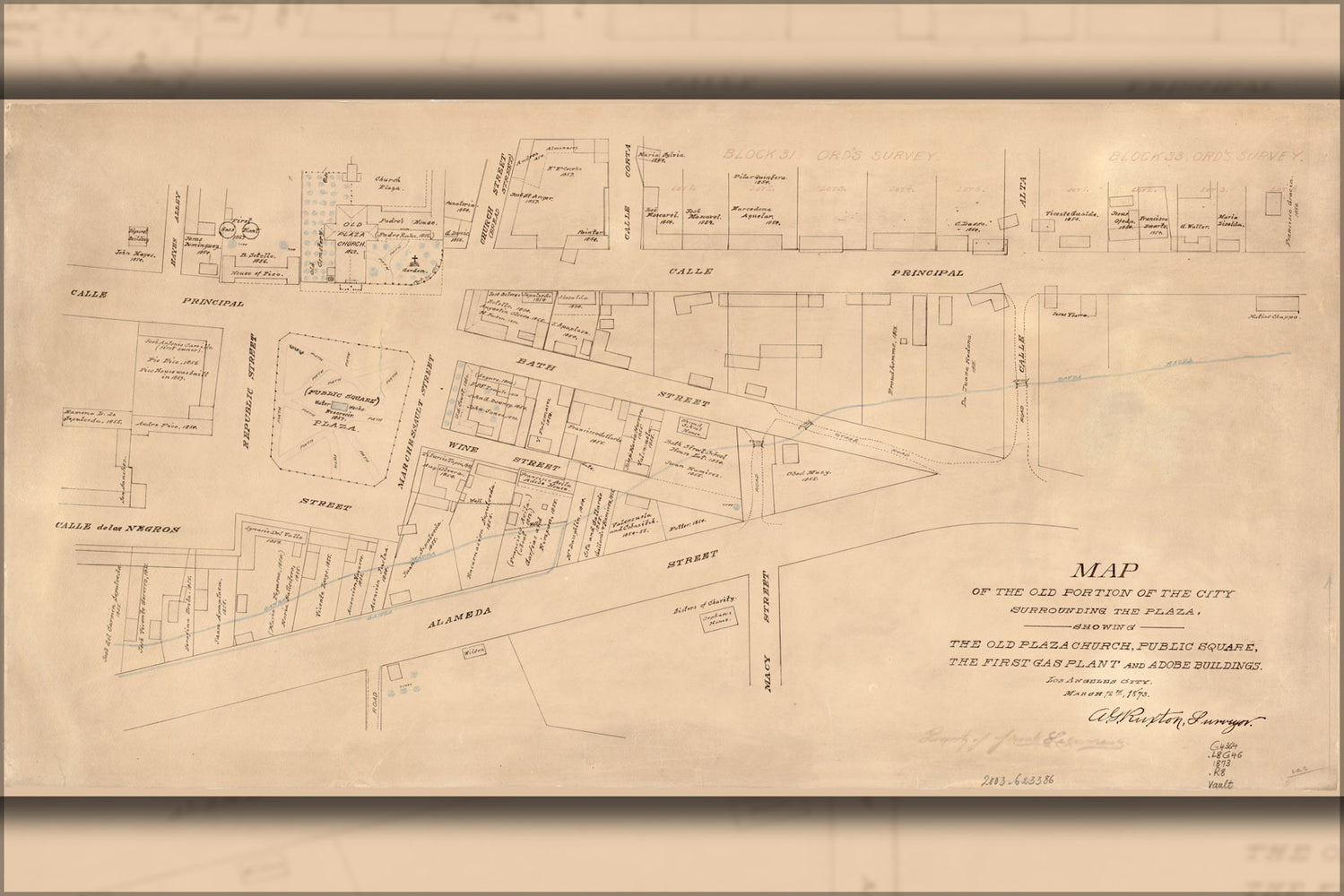 24"x36" Gallery Poster, Map of the old portion of los angeles 1873