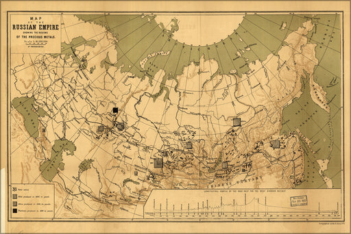 24"x36" Gallery Poster, Map of the precious metals in russia 1890