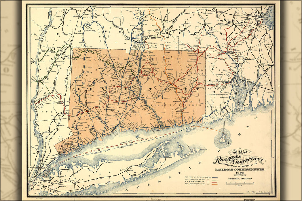 24"x36" Gallery Poster, Map of the railroads of Connecticut 1893