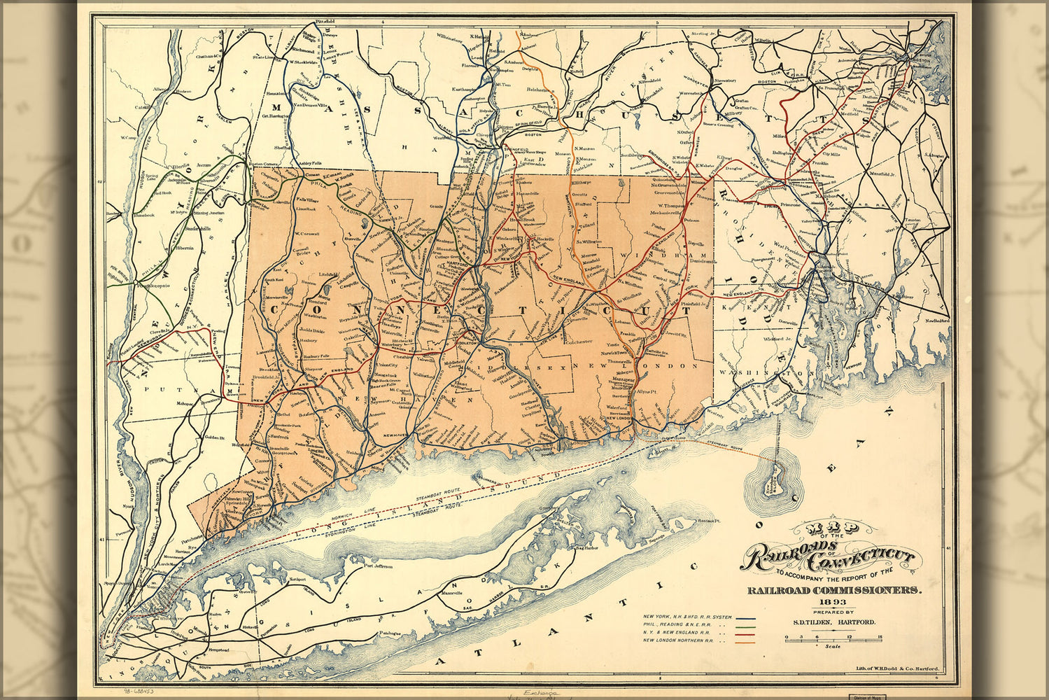 24"x36" Gallery Poster, Map of the railroads of Connecticut 1893