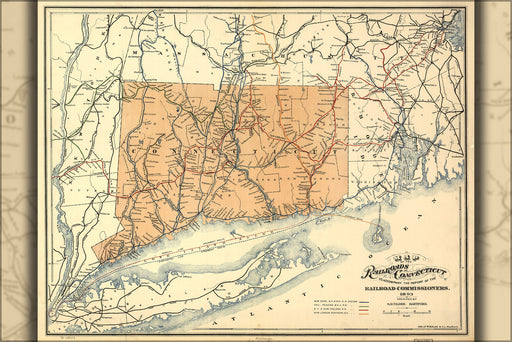 24"x36" Gallery Poster, Map of the railroads of Connecticut 1893