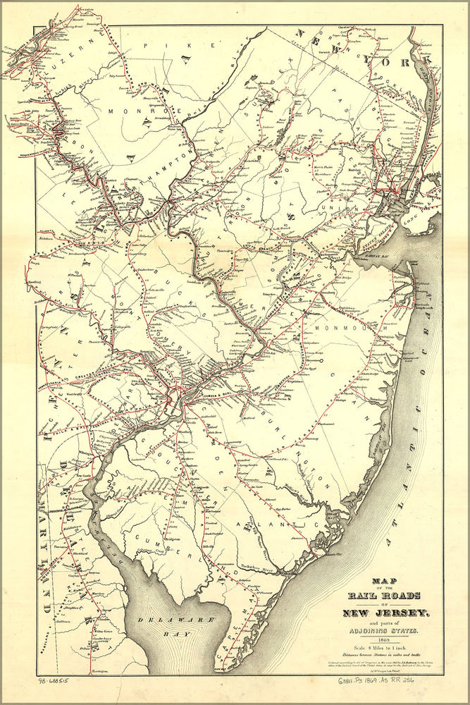 24"x36" Gallery Poster, Map of the railroads of New Jersey, 1869