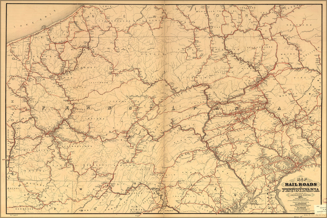24"x36" Gallery Poster, Map of the railroads of Pennsylvania 1871