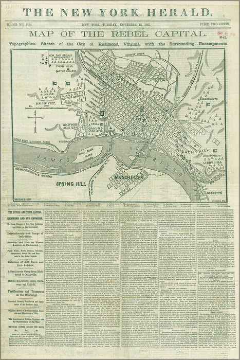 24"x36" Gallery Poster, Map of the rebel capital Richmond, Virginia 1861