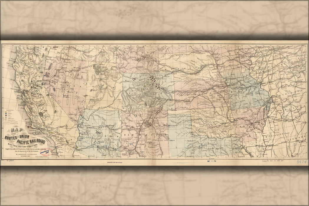 24"x36" Gallery Poster, Map of the routes of Union Pacific RailRoad 1867