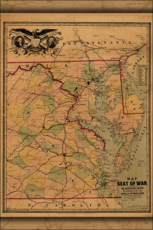 24"x36" Gallery Poster, Map of the seat of american civil war 1861
