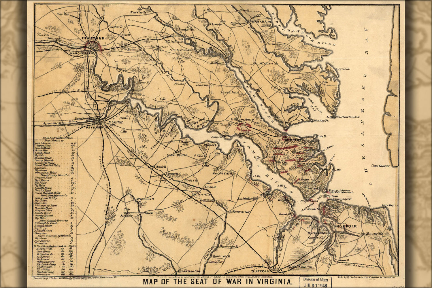 24"x36" Gallery Poster, Map of the seat of war in Virginia 1862
