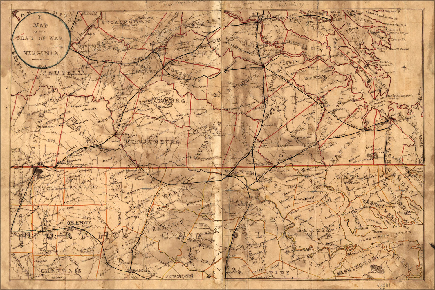 24"x36" Gallery Poster, Map of the seat of war in Virginia 1865