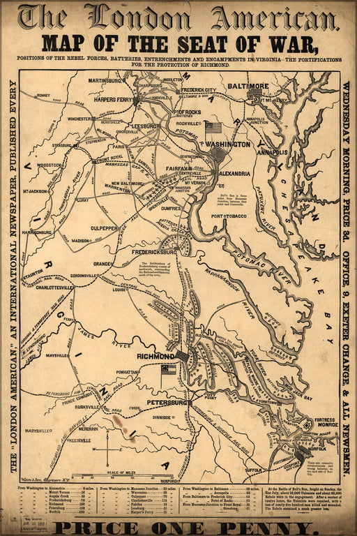 24"x36" Gallery Poster, Map of the seat of war in virginia 1861