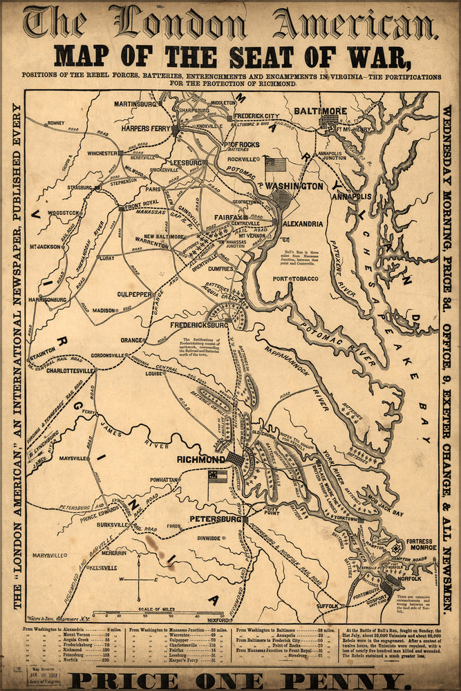 24"x36" Gallery Poster, Map of the seat of war in virginia 1861