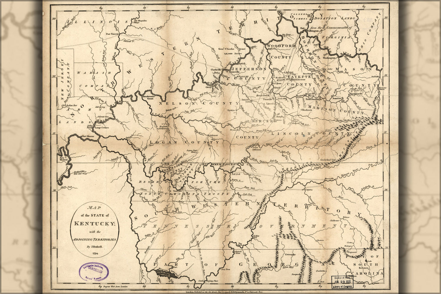 24"x36" Gallery Poster, Map of the state of Kentucky 1794