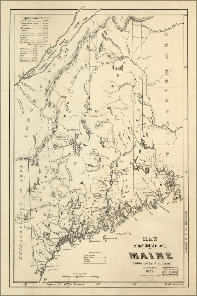 24"x36" Gallery Poster, Map of the state of Maine 1831