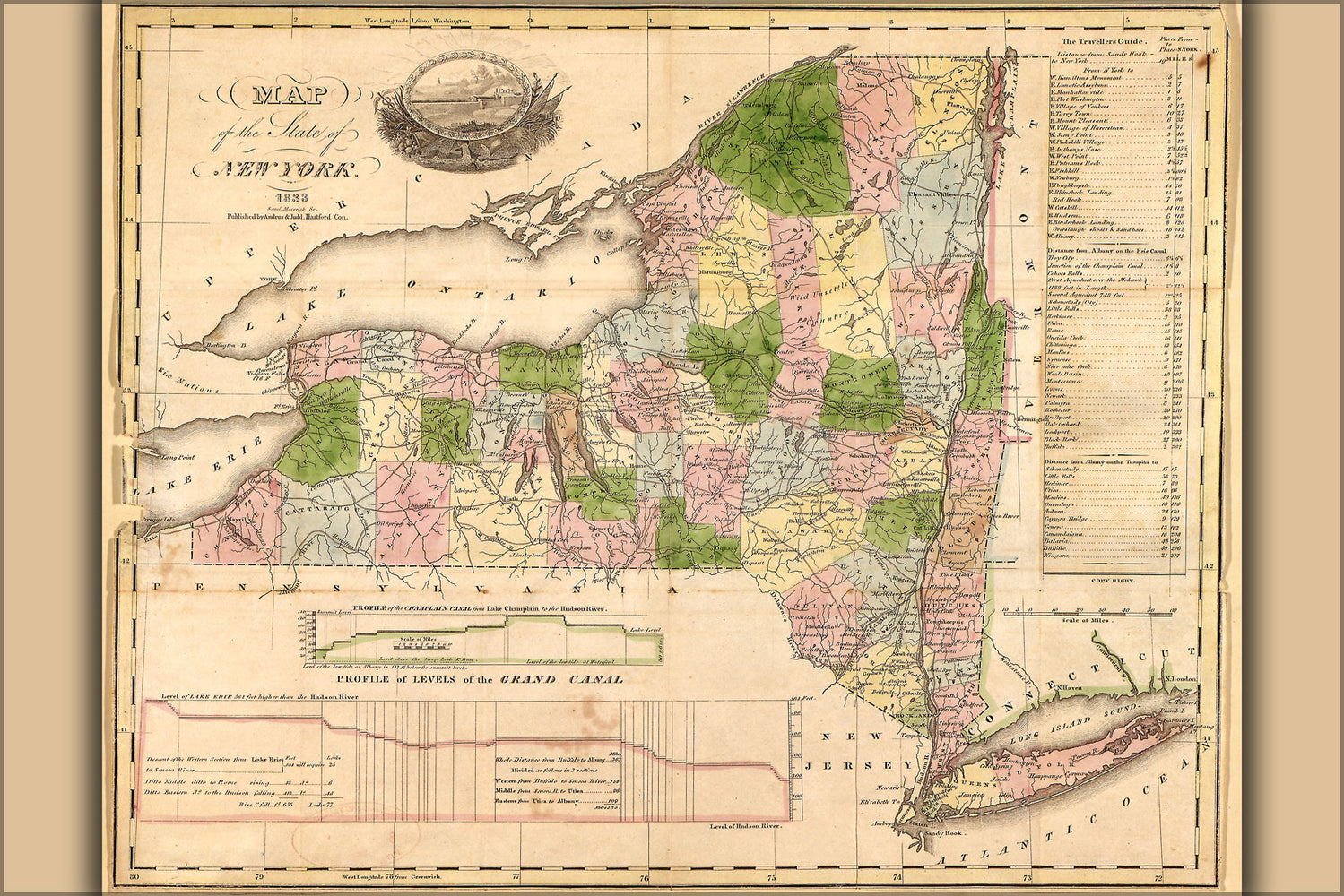 24"x36" Gallery Poster, Map of the state of New York 1833