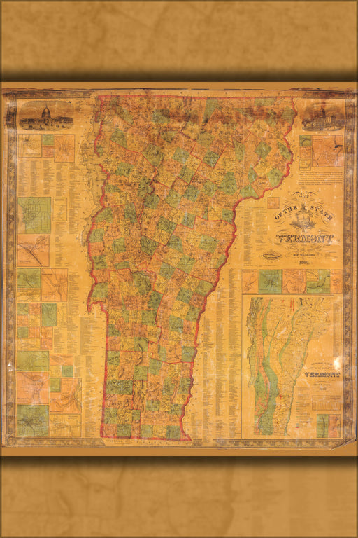 24"x36" Gallery Poster, Map of the state of Vermont 1860