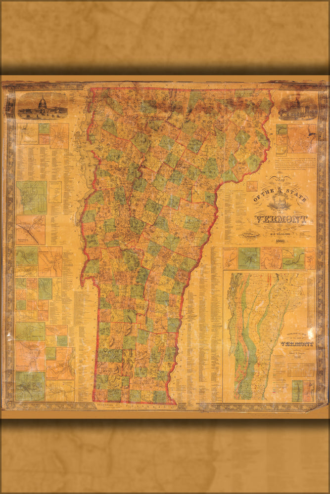 24"x36" Gallery Poster, Map of the state of Vermont 1860