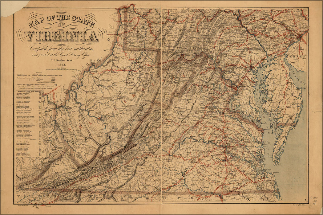 24"x36" Gallery Poster, Map of the state of Virginia 1865