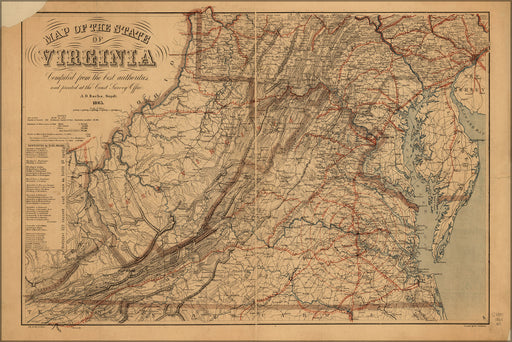 24"x36" Gallery Poster, Map of the state of Virginia 1865