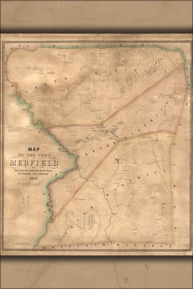 24"x36" Gallery Poster, Map of the town of Medfield mass. 1852