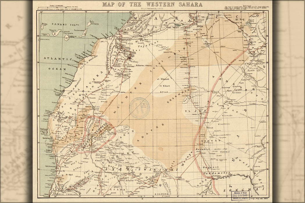 24"x36" Gallery Poster, Map of the western Sahara desert 1876