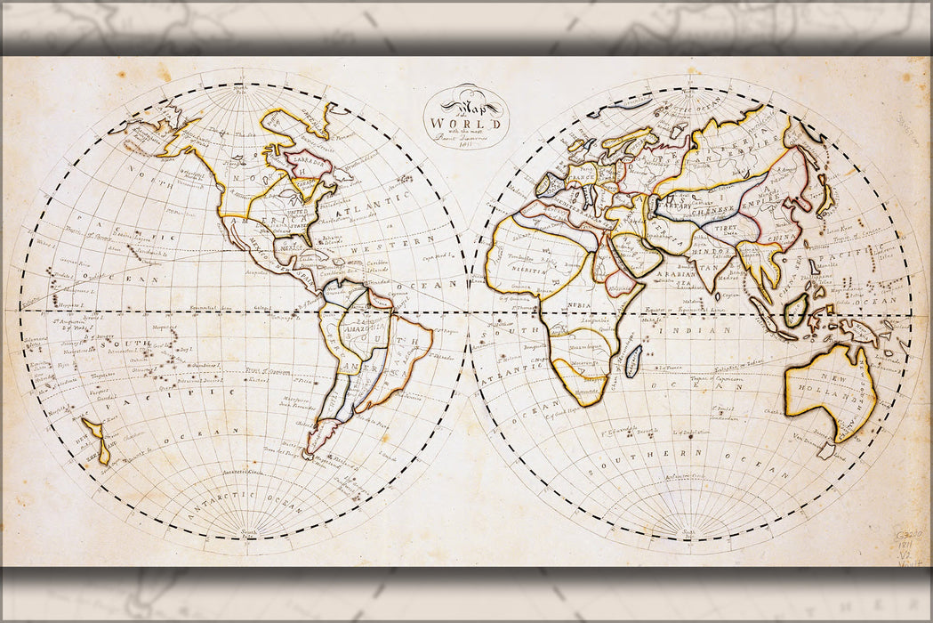 24"x36" Gallery Poster, Map of the world with recent discoveries 1811