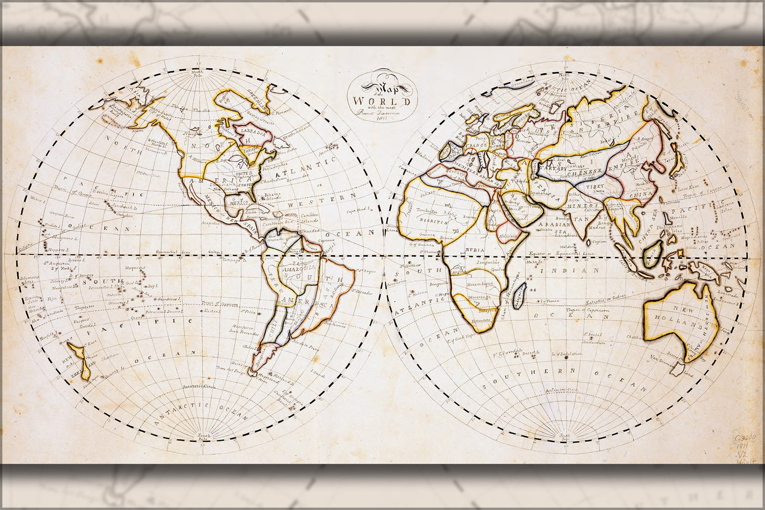 24"x36" Gallery Poster, Map of the world with recent discoveries 1811