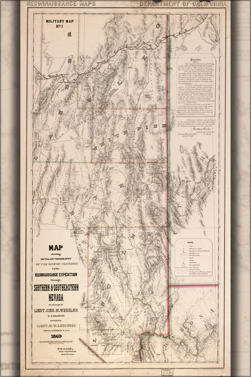 24"x36" Gallery Poster, Map of topography of southern Nevada 1870