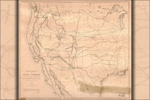 24"x36" Gallery Poster, Map of transcontinental railroad routes 1855