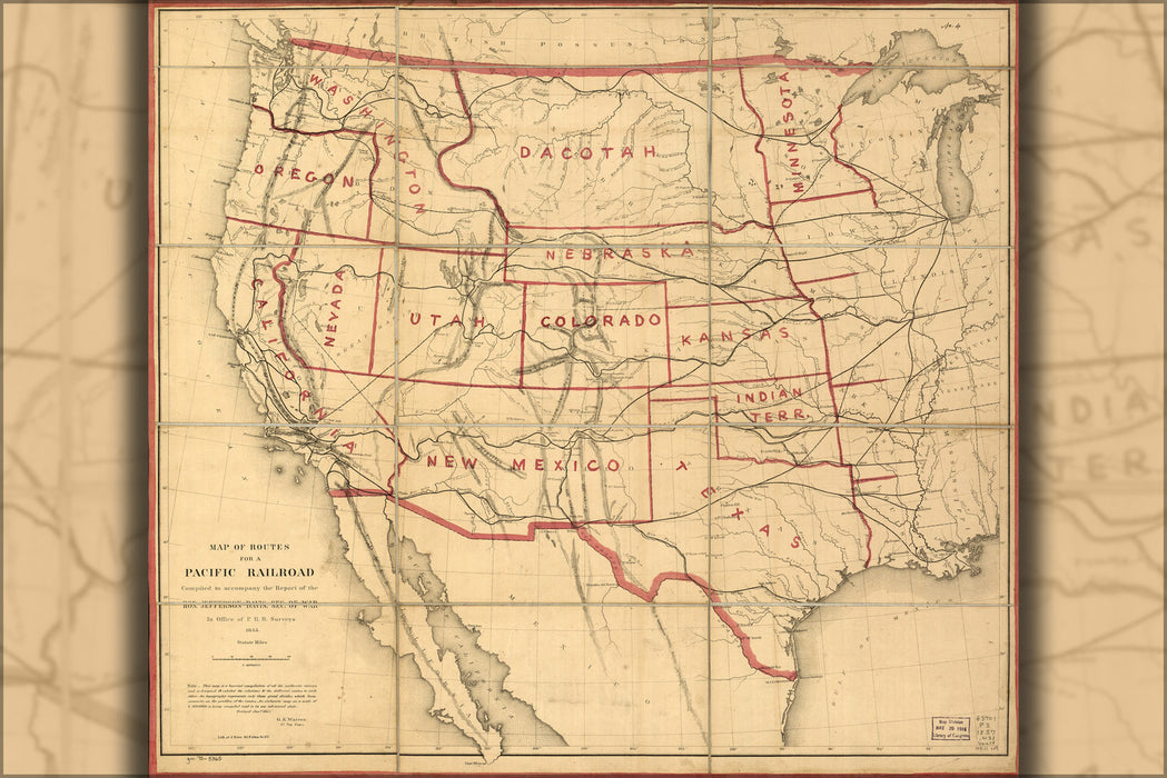 24"x36" Gallery Poster, Map of transcontinental railroad routes 1855 p2