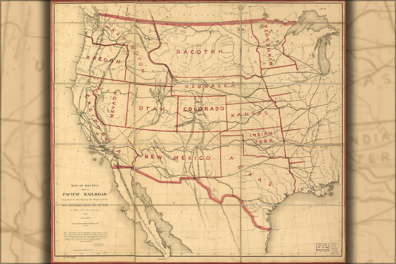 24"x36" Gallery Poster, Map of transcontinental railroad routes 1855 p2