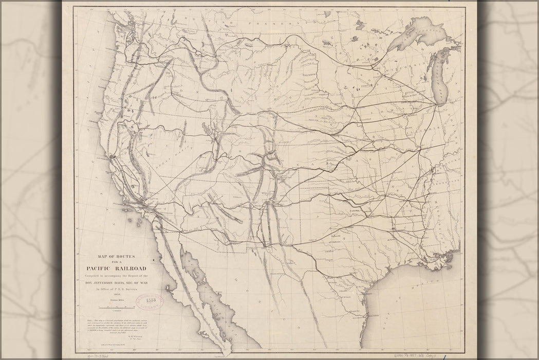 24"x36" Gallery Poster, Map of transcontinental railroad routes 1857