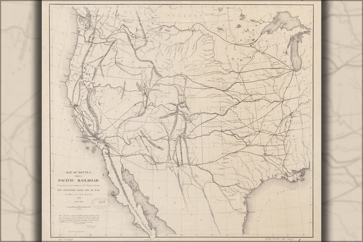 24"x36" Gallery Poster, Map of transcontinental railroad routes 1857