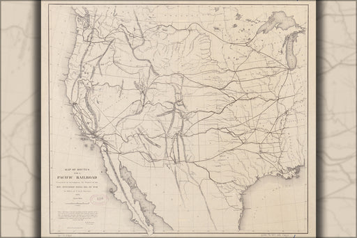24"x36" Gallery Poster, Map of transcontinental railroad routes 1857