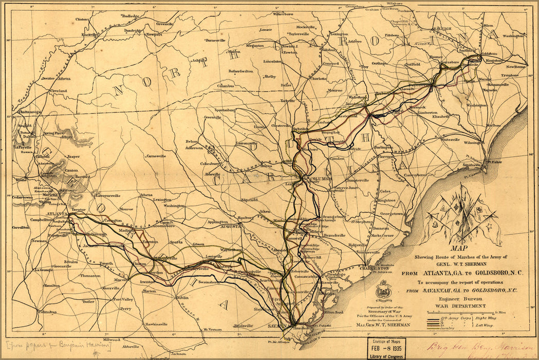 24"x36" Gallery Poster, Map shermans march Atlanta to Goldsboro 1865