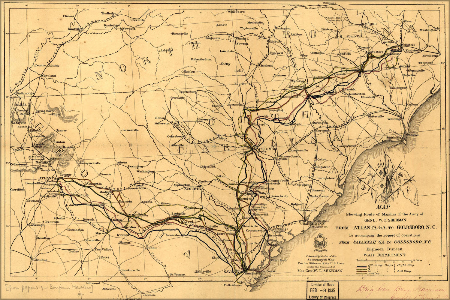 24"x36" Gallery Poster, Map shermans march Atlanta to Goldsboro 1865