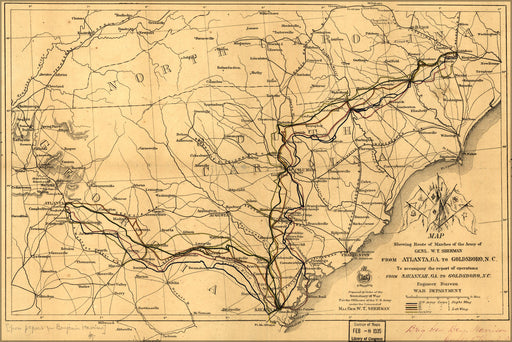 24"x36" Gallery Poster, Map shermans march Atlanta to Goldsboro 1865