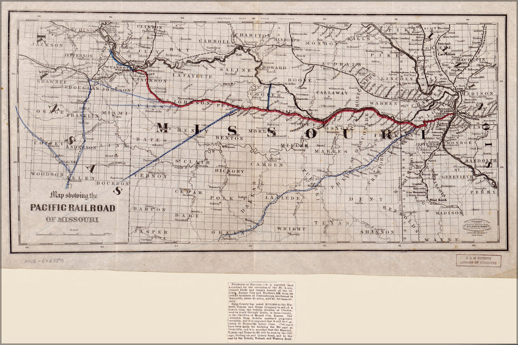 24"x36" Gallery Poster, Map showing the Pacific Railroad of Missouri 1865