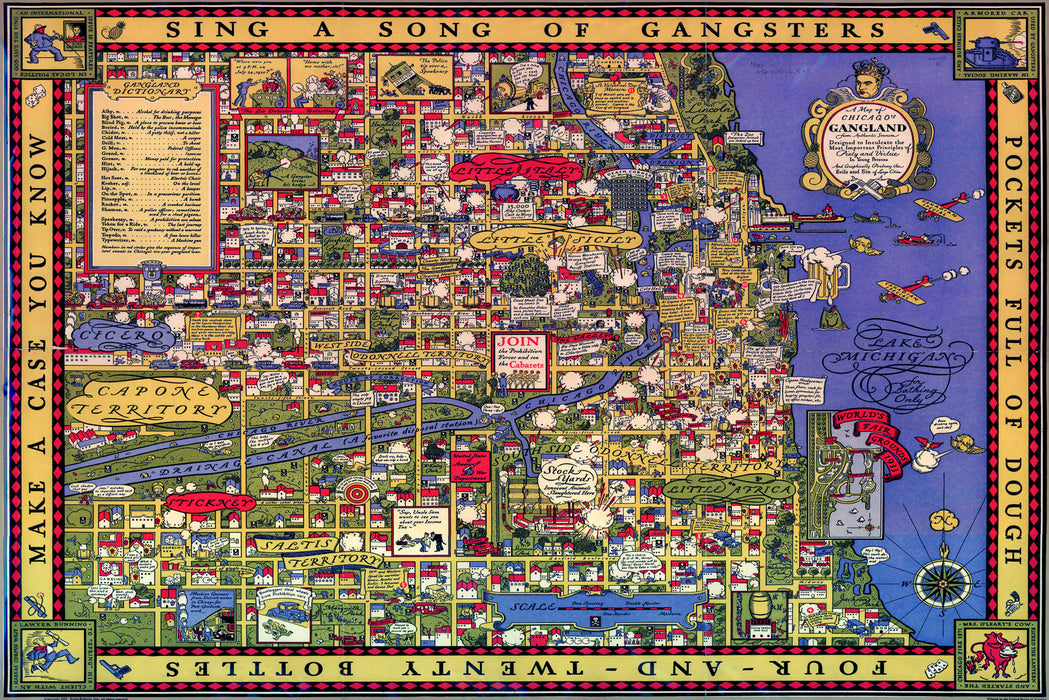 24"x36" Gallery Poster, Map of Chicago gang locations, 1931, Featuring Al Capone Territory, Worlds Fair Grounds, Mrs. OLearys Cow and Gangland Dictionary, Prohibition Bar Poster