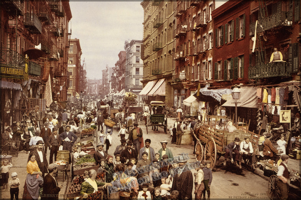 24"x36" Gallery Poster, Mulberry Street in New York City, which shows the evocative coloration characteristic of the process. photochrom